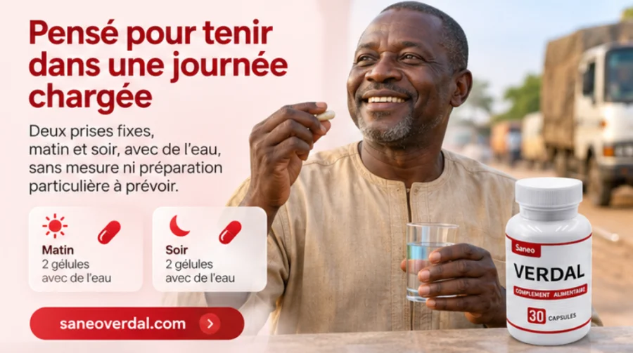 Saneo Verdal — boîte et flacon de gélules pour hommes, en République centrafricaine