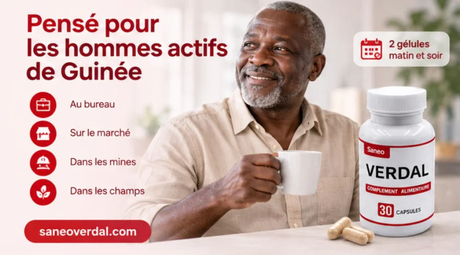 Saneo Verdal — boîte et flacon de gélules pour hommes, en République centrafricaine
