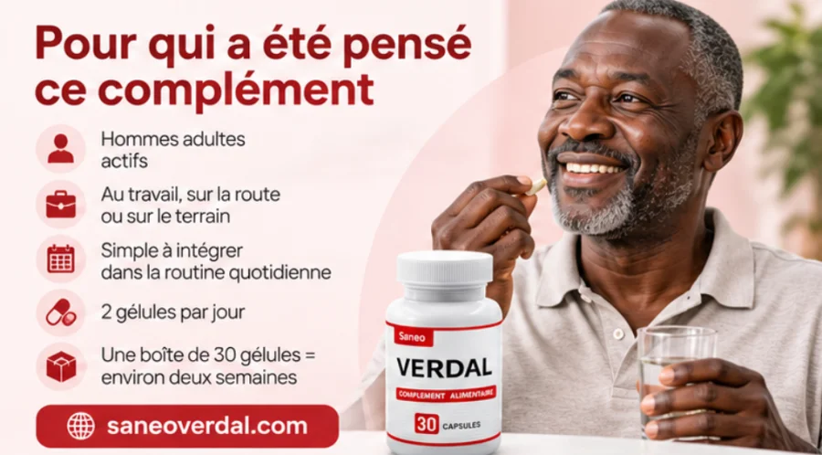 Saneo Verdal — boîte et flacon de gélules pour hommes, en République centrafricaine
