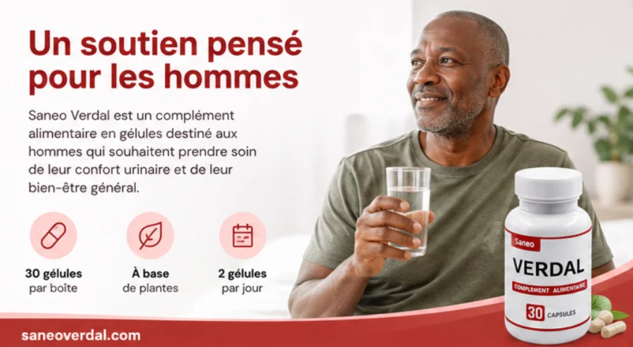 Saneo Verdal — complément alimentaire en gélules pour les hommes, flacon et boîte