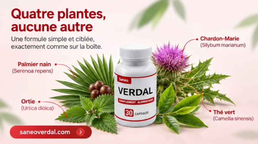Saneo Verdal — le détail des quatre plantes de la formule