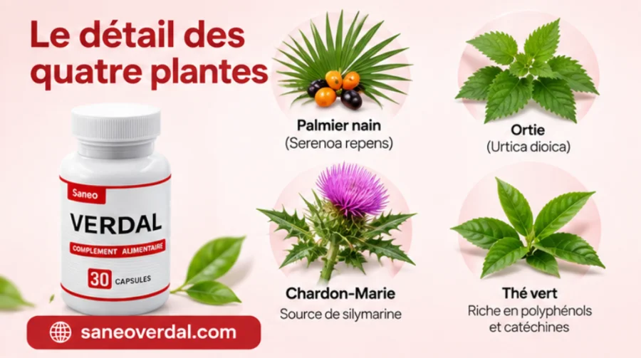 Saneo Verdal — le détail des quatre plantes de la formule